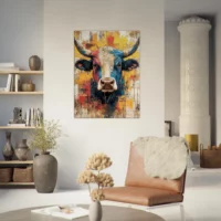 Cadre vache Highland : un tableau abstrait et coloré Cadre vache Highland : un tableau abstrait et coloré