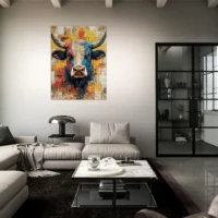 Cadre vache Highland : un tableau abstrait et coloré Cadre vache Highland : un tableau abstrait et coloré