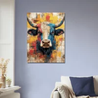 Cadre vache Highland : un tableau abstrait et coloré Cadre vache Highland : un tableau abstrait et coloré