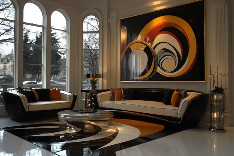 Salon luxueux avec un grand tableau d'art contemporain sur le mur