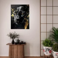Toile panthère noire , élégance sauvage et or liquide
