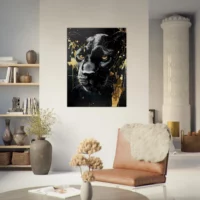 Toile panthère noire , élégance sauvage et or liquide