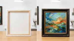 Comparaison visuelle illustrant la différence entre une toile et un tableau : à gauche, une toile de peinture vierge vue de dos montrant son châssis en bois (le support), et à droite, un tableau abstrait fini et encadré (l'œuvre d'art).