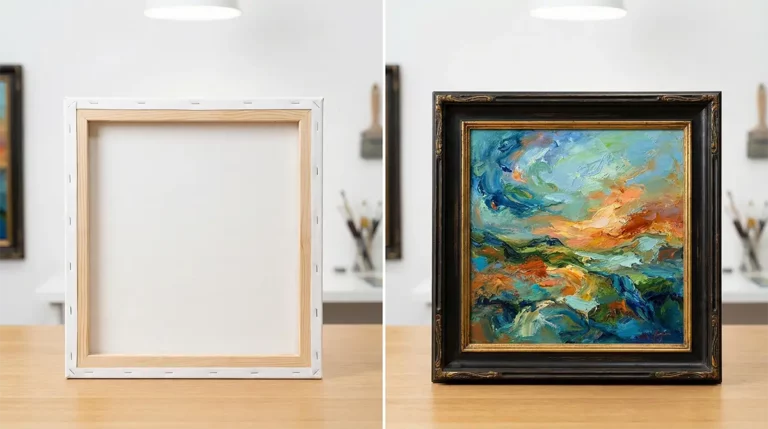 Comparaison visuelle illustrant la différence entre une toile et un tableau : à gauche, une toile de peinture vierge vue de dos montrant son châssis en bois (le support), et à droite, un tableau abstrait fini et encadré (l'œuvre d'art).