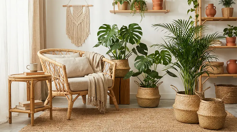 Mobilier en rotin et bambou dans un salon jungle