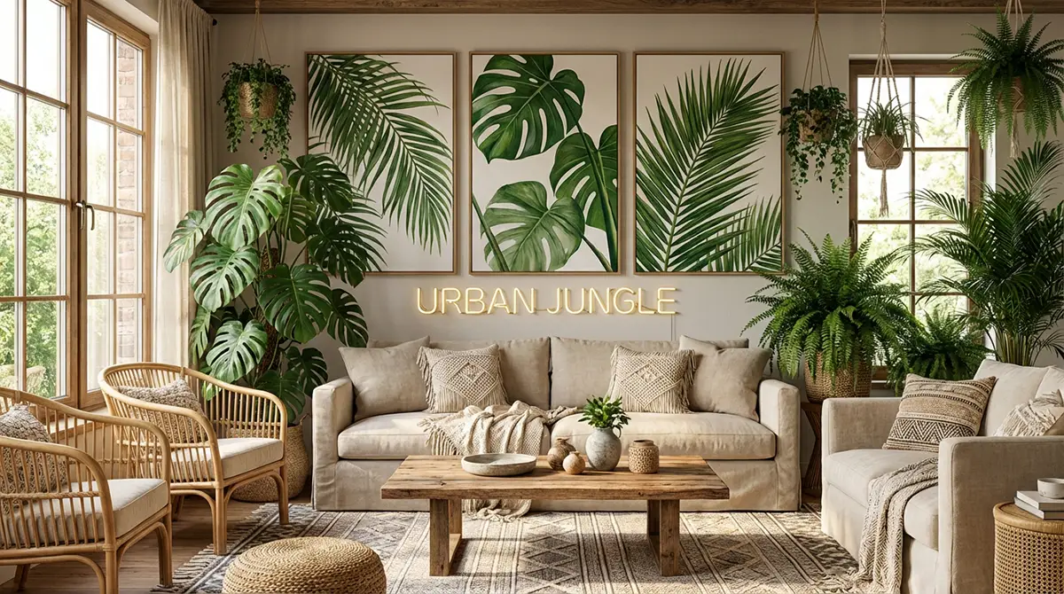 Salon Urban Jungle avec toiles végétales