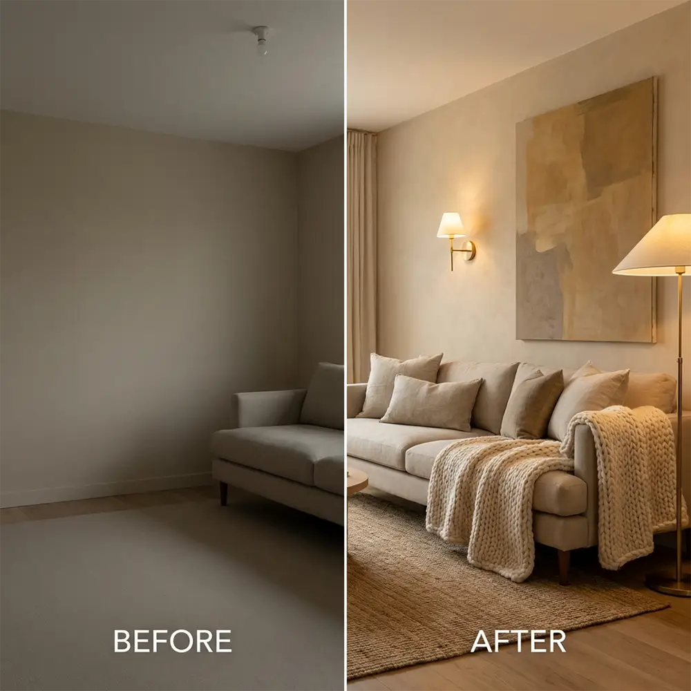 Comparaison avant-après d'un salon monochrome plat et du même salon avec textures, toile murale et éclairage