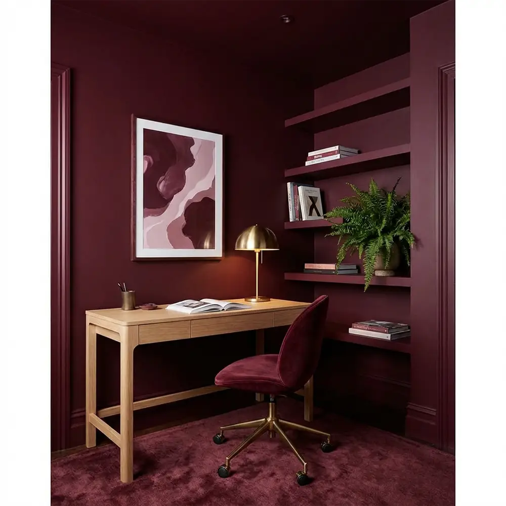 Petit bureau à domicile entièrement drenché en bordeaux avec un tableau abstrait ton sur ton