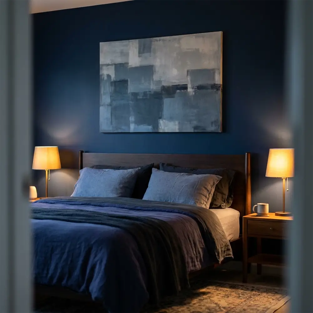 Chambre peinte en bleu profond mat avec une toile murale bleu gris au-dessus du lit, exemple de color drenching