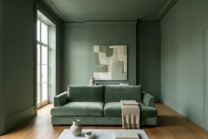 Salon entièrement peint en vert sauge avec une toile abstraite ton sur ton accrochée au mur principal
