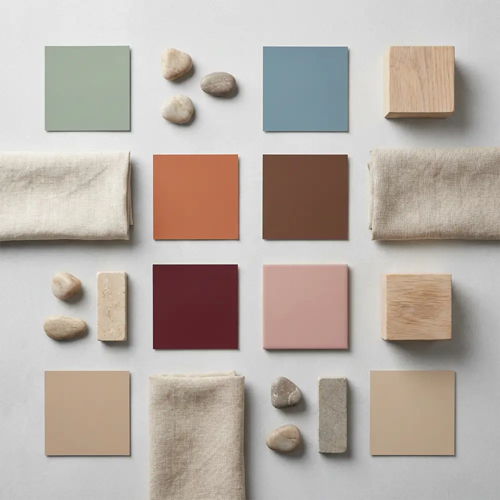 Moodboard avec échantillons de peinture vert sauge, bleu minéral, terracotta, brun cacao et bordeaux