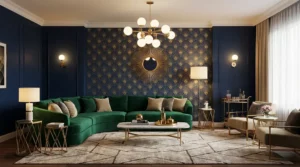 Salon neo art déco avec mur d'accent bleu nuit, papier peint éventail doré, canapé velours émeraude et miroir soleil en laiton