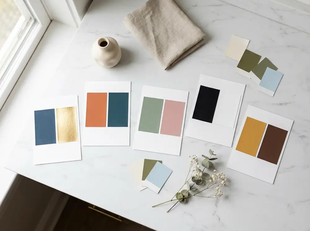 Flat lay de cartes de palette de couleurs harmonieuses pour assortir tableau et mur