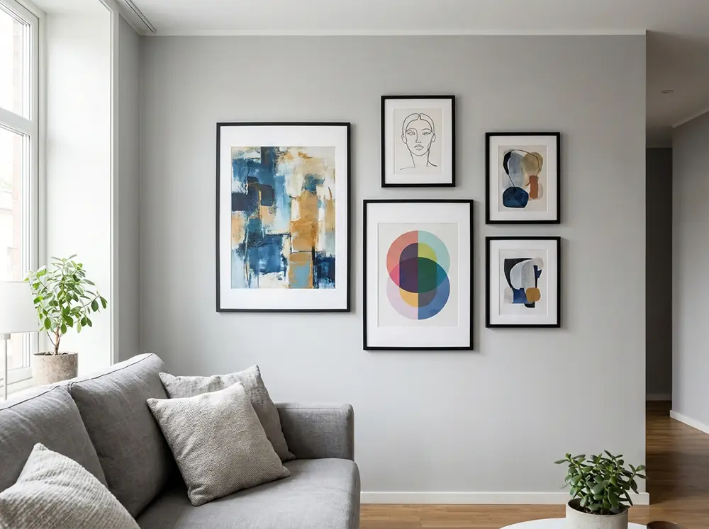 Cinq tableaux de tailles et styles variés disposés en galerie murale sur un mur gris clair
