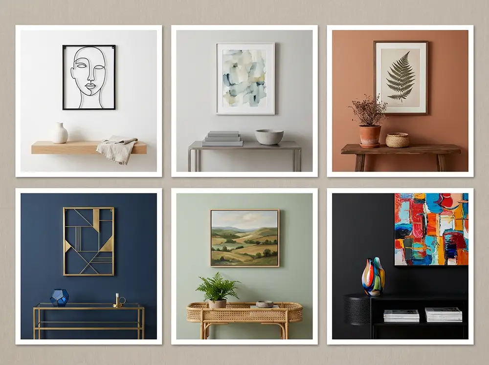 Six vignettes intérieures montrant différentes associations de couleur de mur et de tableau