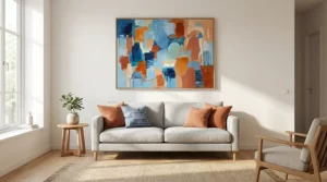 Tableau abstrait coloré accroché sur un mur blanc dans un salon décoré en style scandinave