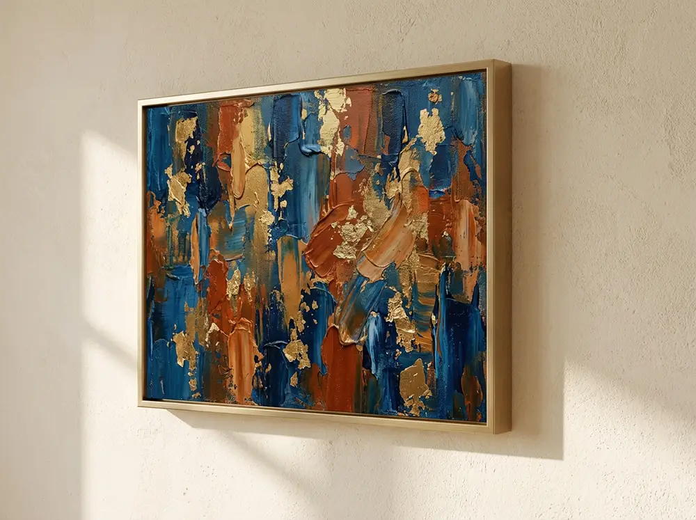 Gros plan d'un tableau abstrait bleu et doré dans un cadre doré sur mur crème