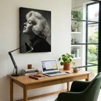 Toile portrait femme blonde style glamour années 50 dans un bureau home office moderne avec bureau en bois et plantes