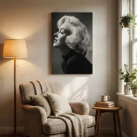 Toile portrait glamour noir et blanc vintage dans un salon cosy avec fauteuil beige et lampe à pied