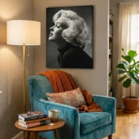 Toile portrait glamour noir et blanc années 50 accrochée dans un salon avec fauteuil velours bleu et lampe dorée