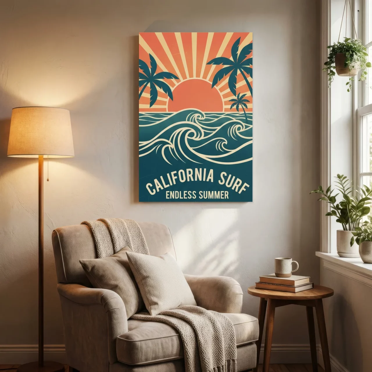 Toile California Surf, vagues rétro et soleil couchant - Endless Summer - Coin lecture