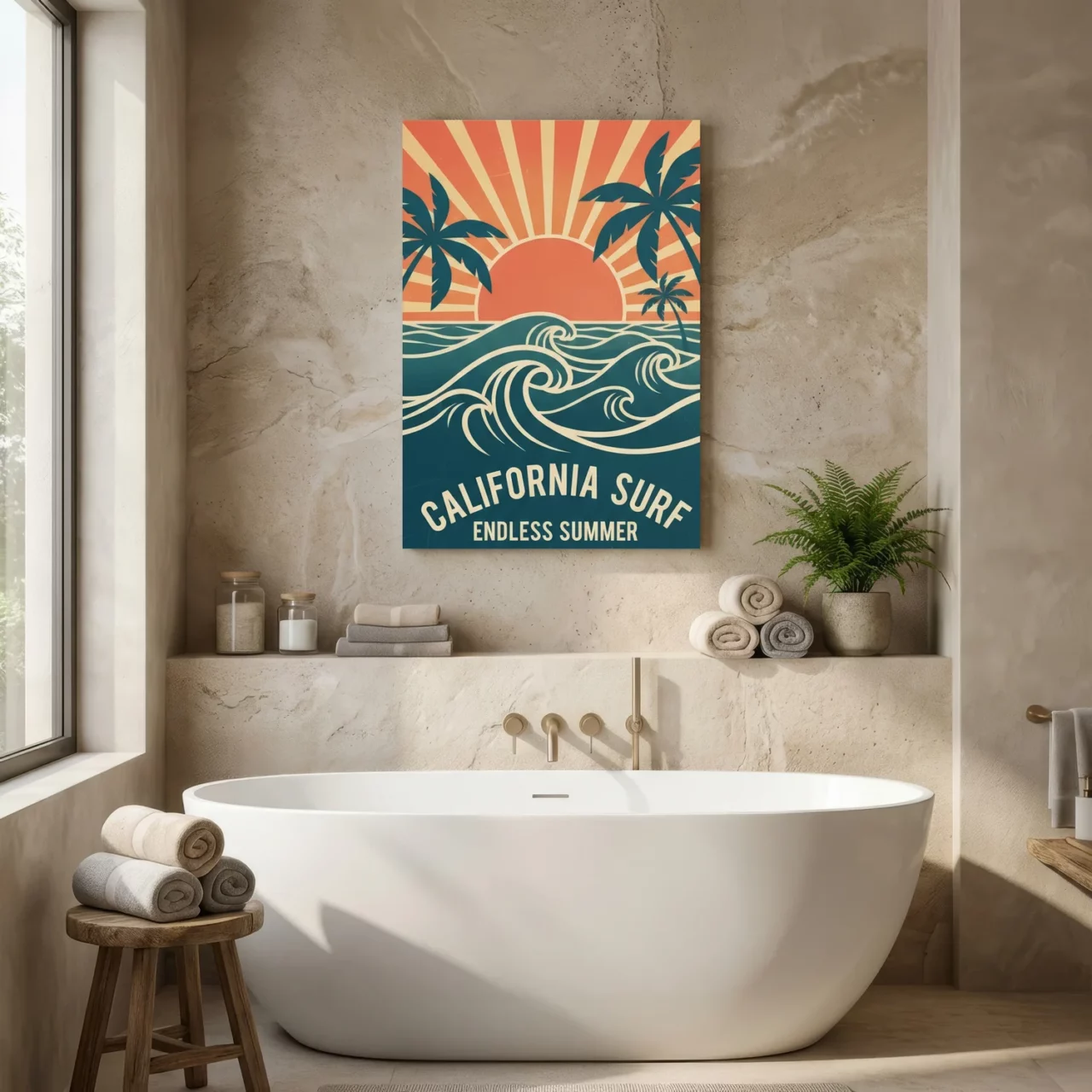 Toile California Surf, vagues rétro et soleil couchant - Endless Summer - Salle de bain