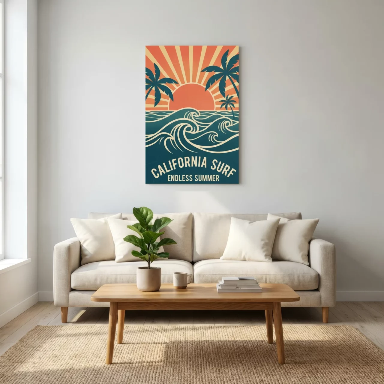 Toile California Surf, vagues rétro et soleil couchant - Endless Summer - Salon