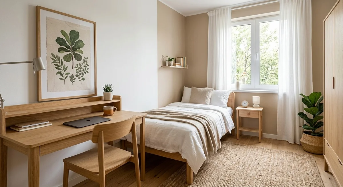 Chambre ado style scandinave avec poster encadré bois clair et mur blanc