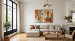 Salon contemporain avec grande toile abstraite accrochée au-dessus d'un canapé en lin beige