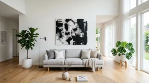 Salon contemporain avec grande toile abstraite en noir et blanc au-dessus d'un canapé gris, style épuré