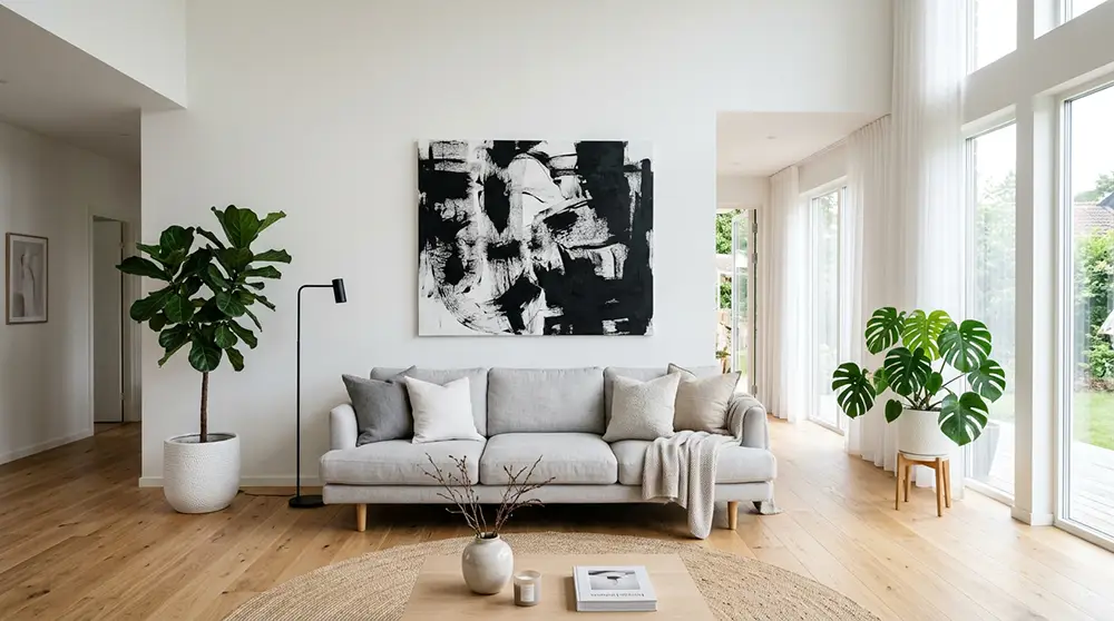 Salon contemporain avec grande toile abstraite en noir et blanc au-dessus d'un canapé gris, style épuré