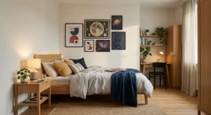 Chambre ado avec galerie murale de posters encadrés sur mur blanc cassé