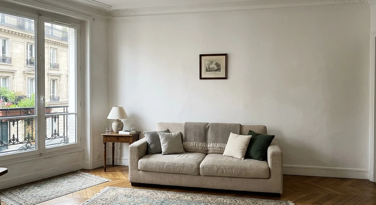 Salon avec tableau accroché trop haut et trop petit par rapport au mur, illustration d'une erreur décorative