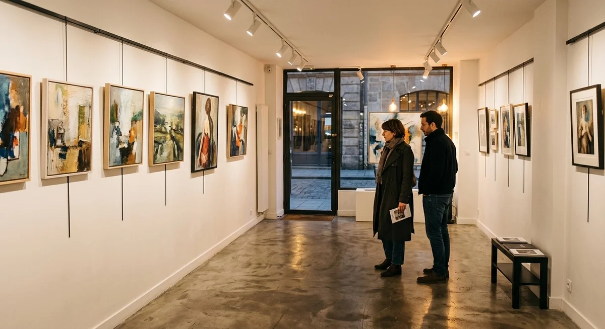 Intérieur d'une galerie d'art française avec tableaux originaux exposés sur des cimaises blanches