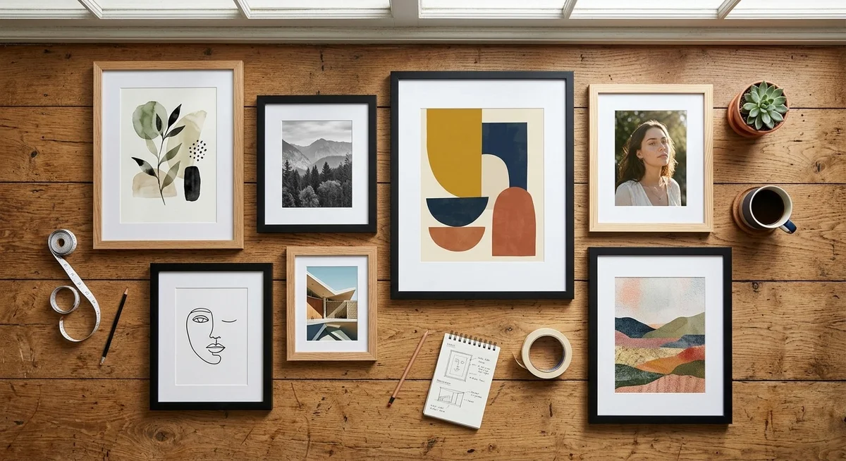 Composition de galerie murale chambre ado avec cadres de formats variés