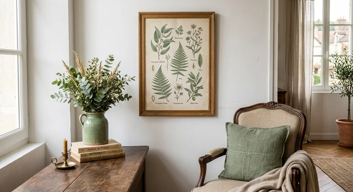 Détail d'un salon avec tableau aux tons vert sauge reprenant la couleur des coussins et d'un vase