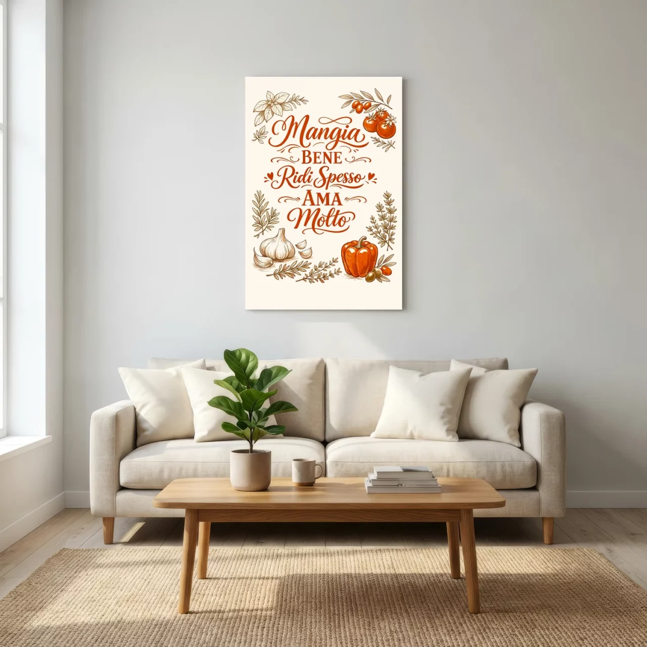 Toile Mangia Bene Ridi Spesso Ama Molto – Sagesse italienne et art de vivre Toile Mangia Bene Ridi Spesso Ama Molto - Sagesse Italienne et Art de Vivre - mise en scène 1