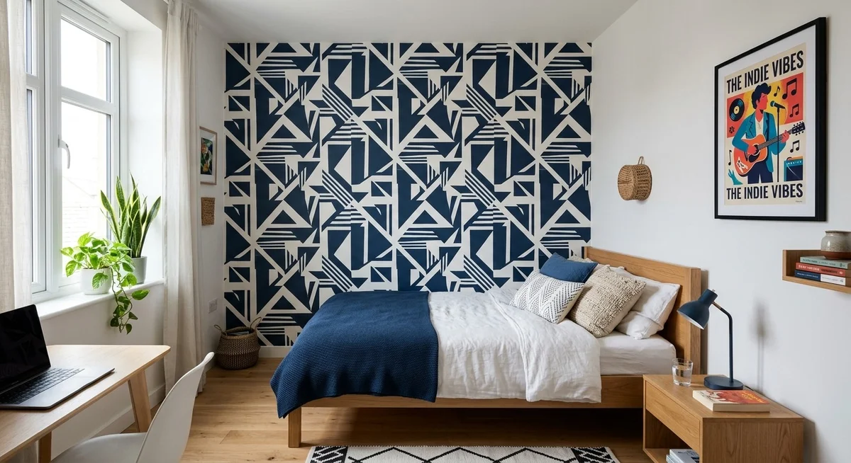 Chambre ado avec mur accent papier peint géométrique et mobilier bois