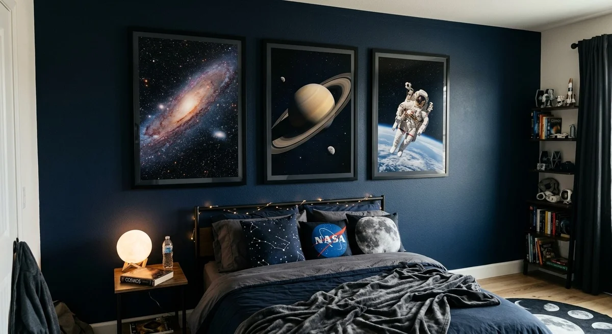 Chambre ado avec poster NASA galaxie encadré au-dessus du lit