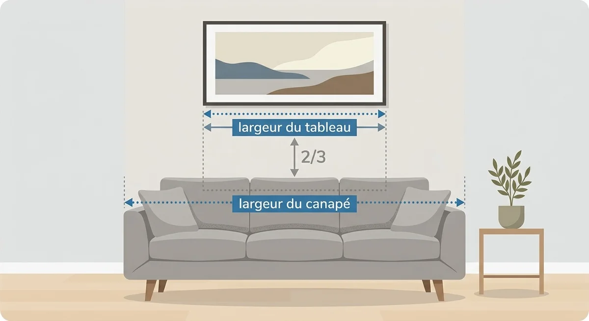 Schéma illustrant la règle des deux tiers entre la largeur d'un tableau et celle du canapé en dessous