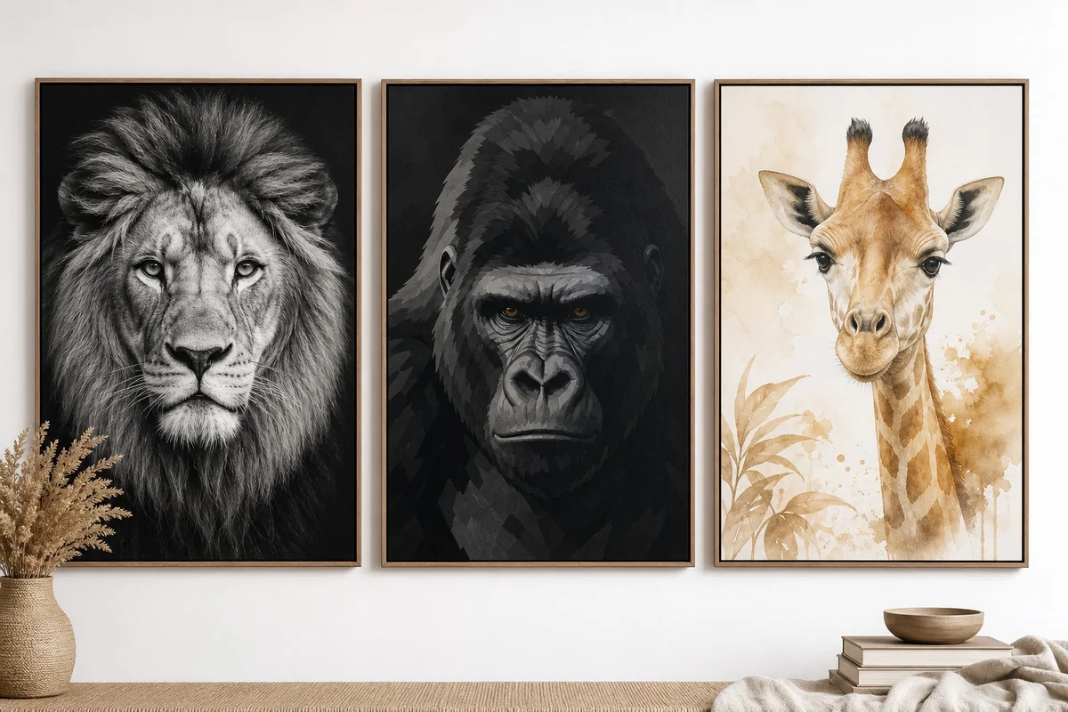 Comparatif tableaux animaux décoration murale lion gorille girafe Trois tableaux animaux côte à côte : lion réaliste, gorille graphique et girafe aquarelle pour décoration murale
