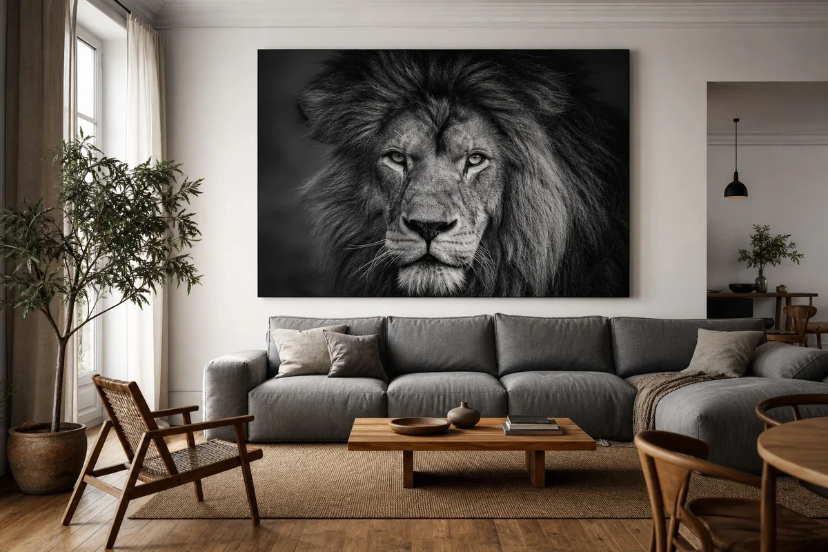 Tableau animal décoration murale avec lion en noir et blanc au-dessus d'un canapé gris dans un salon contemporain