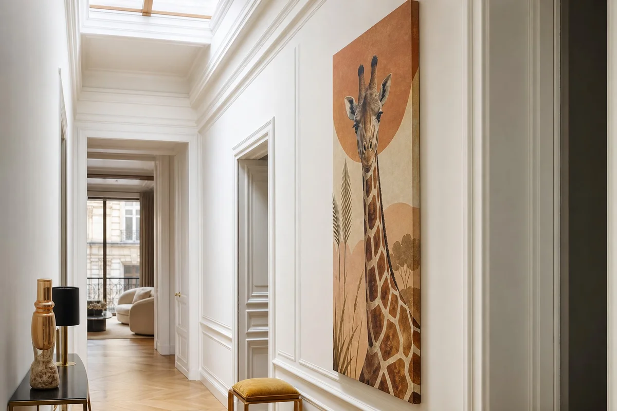 Tableau girafe décoration murale couloir haut de plafond Tableau girafe vertical stylisé dans un couloir à haut plafond avec teintes terracotta et ocre