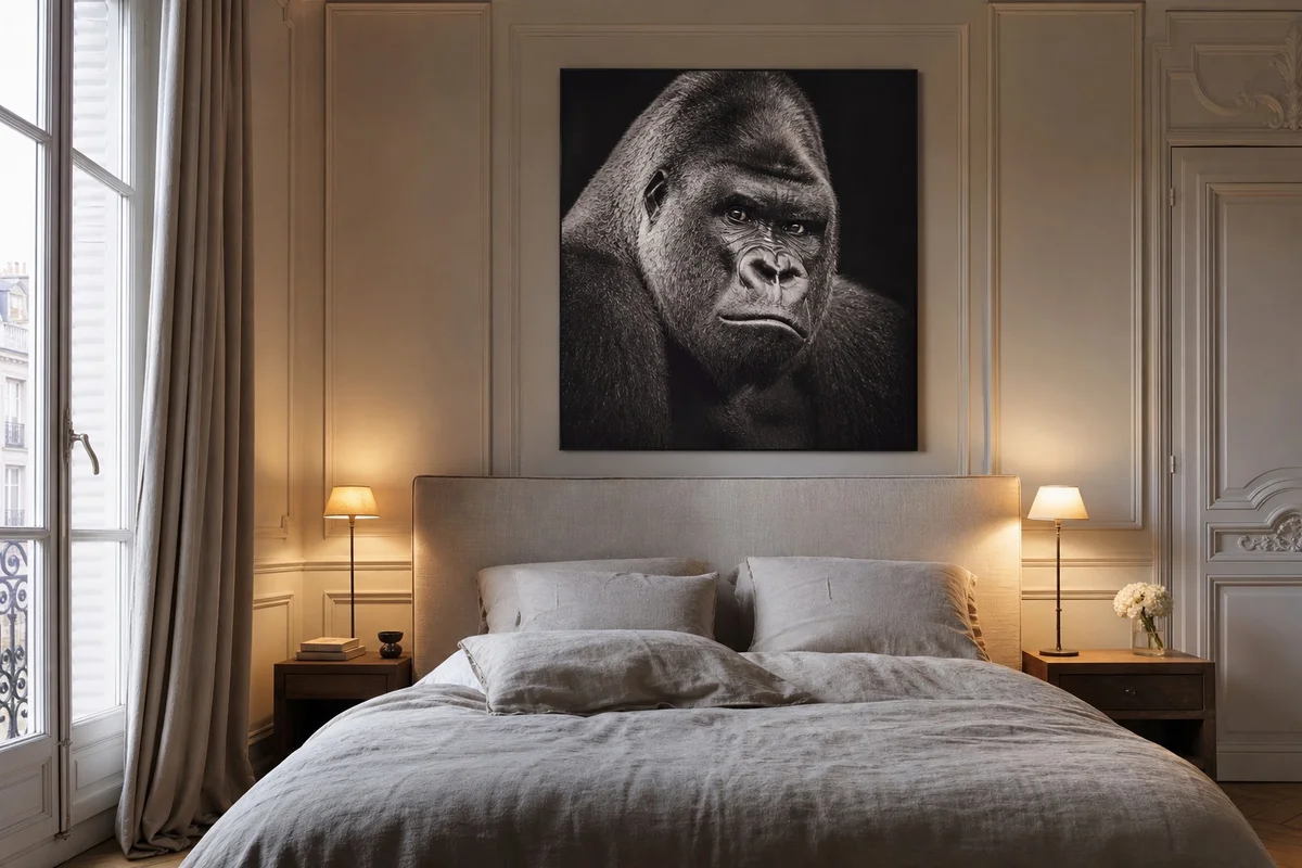 Tableau gorille noir et blanc décoration murale chambre adulte Tableau gorille en noir et blanc portrait réaliste au-dessus d'une tête de lit dans une chambre cocooning