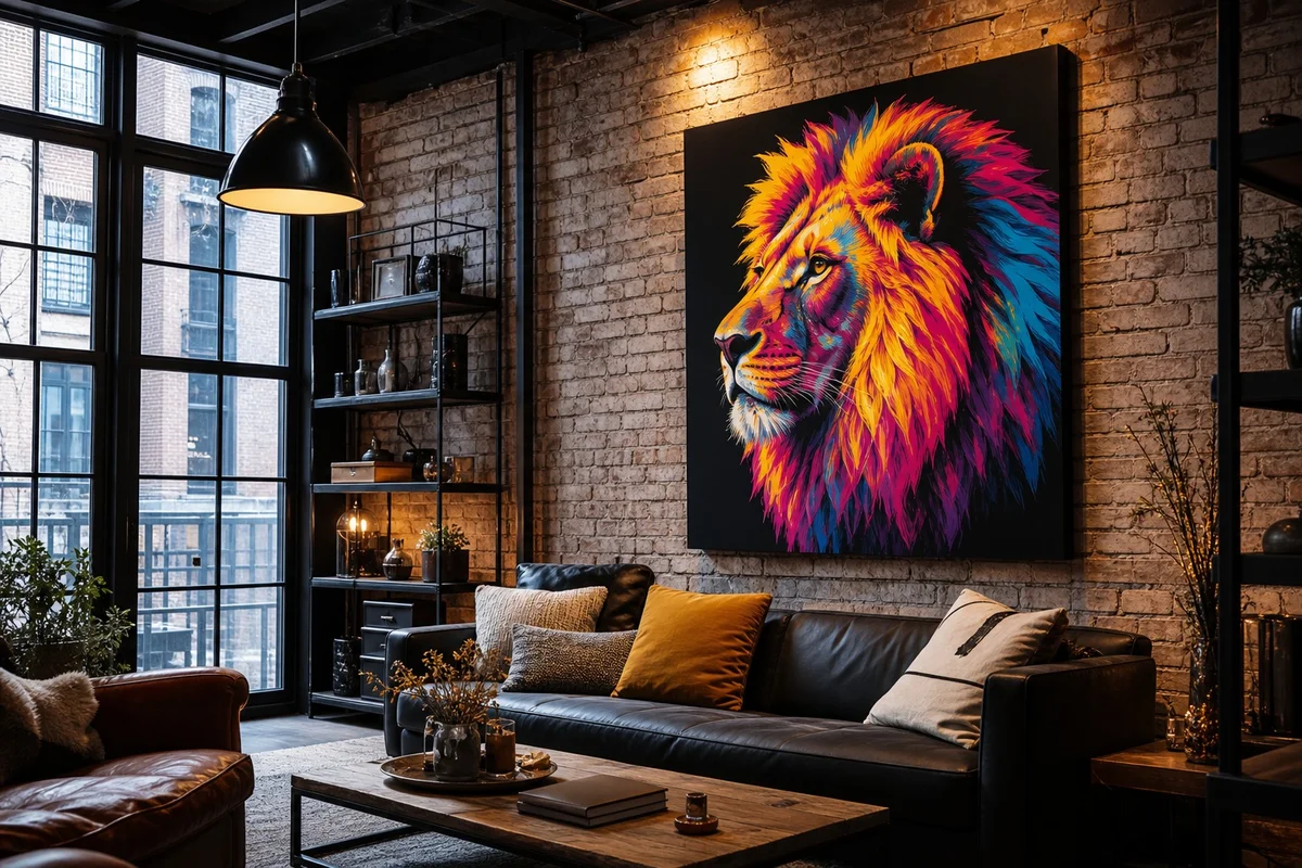Tableau lion décoration murale pop art dans un salon moderne Tableau lion pop art multicolore sur fond sombre accroché dans un salon industriel avec briques apparentes